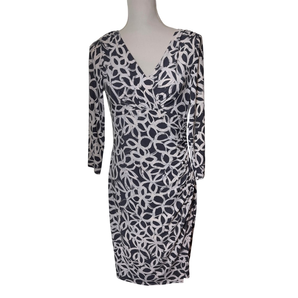 Lauren Ralph Lauren Black White Abstract Floral Faux Wrap Ruched Dress Size 8‎